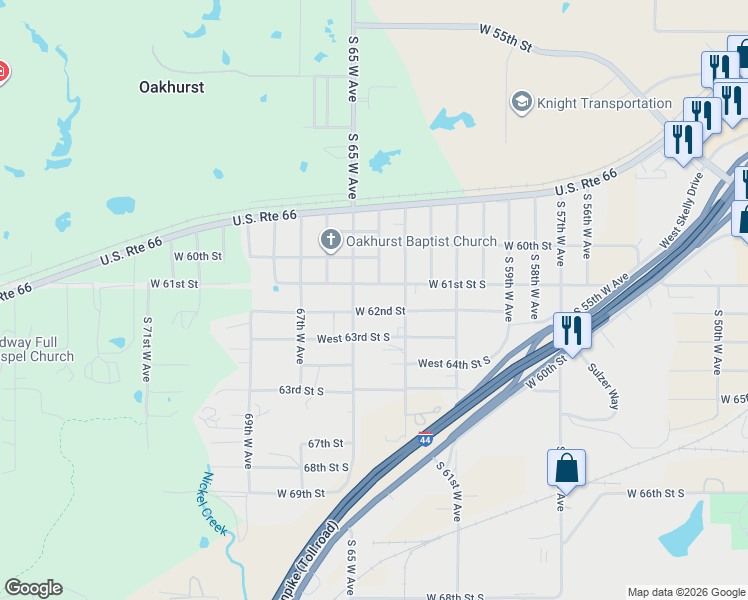 map of restaurants, bars, coffee shops, grocery stores, and more near 6237 West 62nd Street in Tulsa