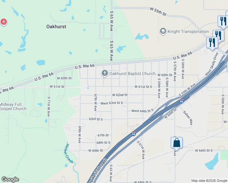 map of restaurants, bars, coffee shops, grocery stores, and more near 6237 West 62nd Street in Tulsa