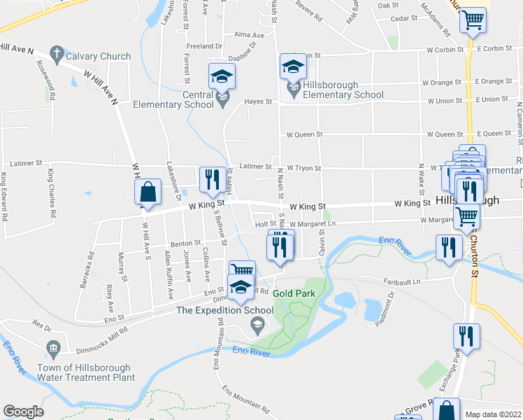map of restaurants, bars, coffee shops, grocery stores, and more near 216 Webb Street in Hillsborough