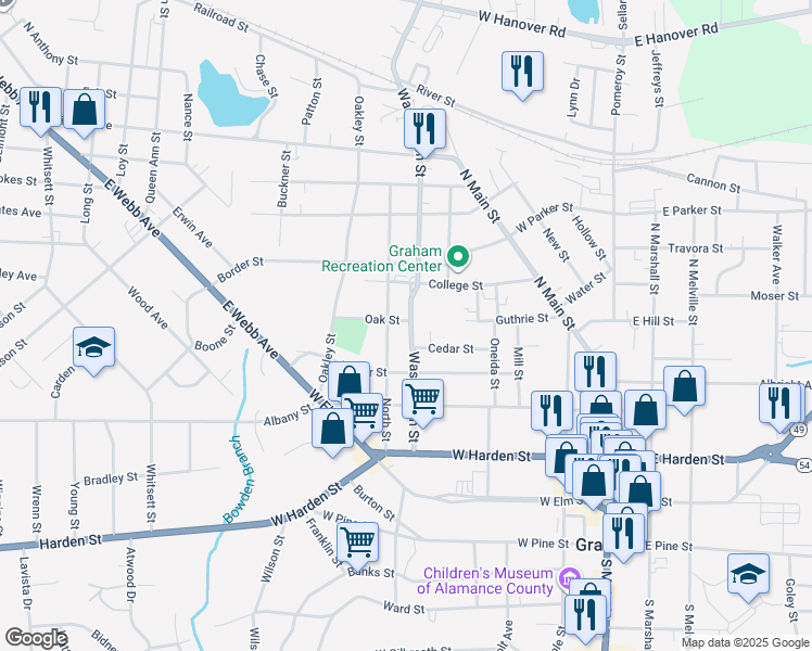 map of restaurants, bars, coffee shops, grocery stores, and more near 420 Washington Street in Graham
