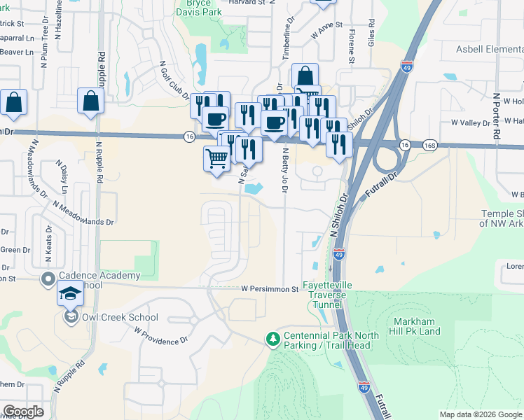 map of restaurants, bars, coffee shops, grocery stores, and more near 3314 West Jewell Road in Fayetteville