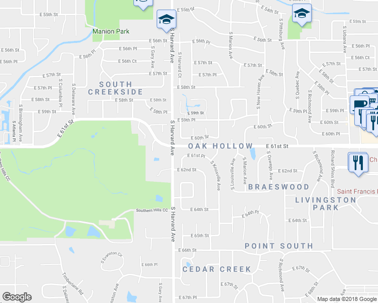 map of restaurants, bars, coffee shops, grocery stores, and more near 3415 East 61st Place in Tulsa
