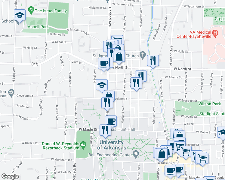 map of restaurants, bars, coffee shops, grocery stores, and more near 1051 West Eagle Street in Fayetteville