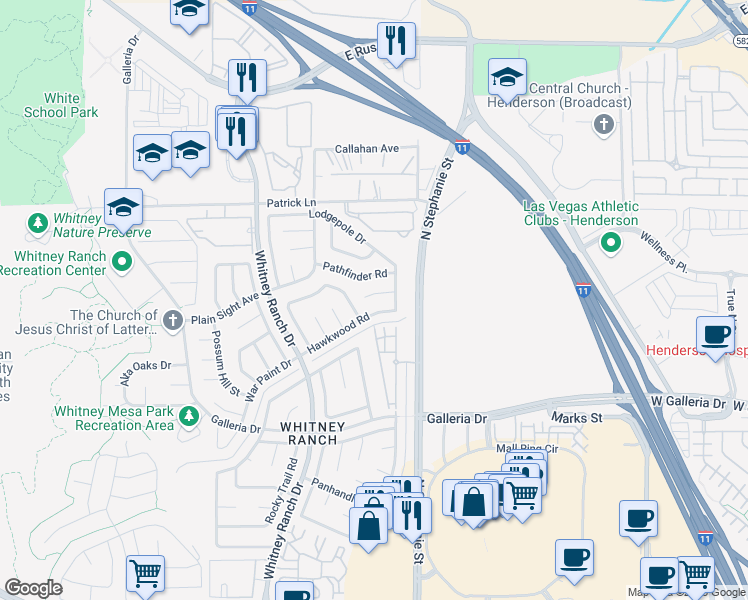 map of restaurants, bars, coffee shops, grocery stores, and more near 1411 Bareback Court in Henderson
