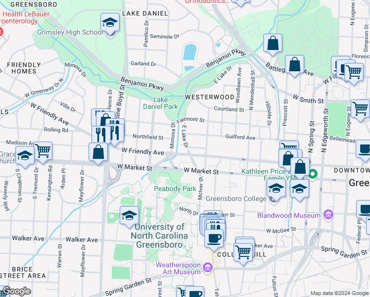 map of restaurants, bars, coffee shops, grocery stores, and more near 289 East Lake Drive in Greensboro