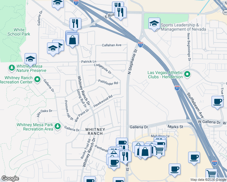 map of restaurants, bars, coffee shops, grocery stores, and more near 1411 Bareback Court in Henderson