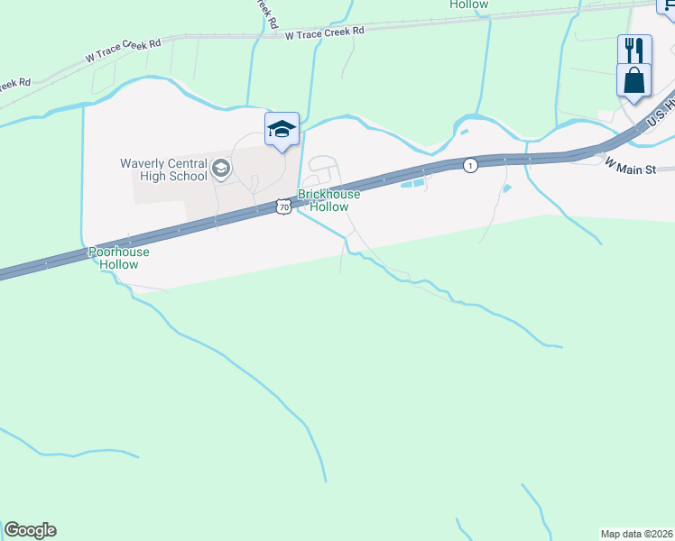 map of restaurants, bars, coffee shops, grocery stores, and more near 120 Ulcer Hollow Road in Waverly