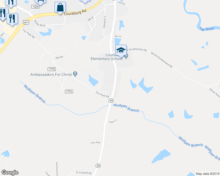 map of restaurants, bars, coffee shops, grocery stores, and more near 21 Dupree Drive in Louisburg