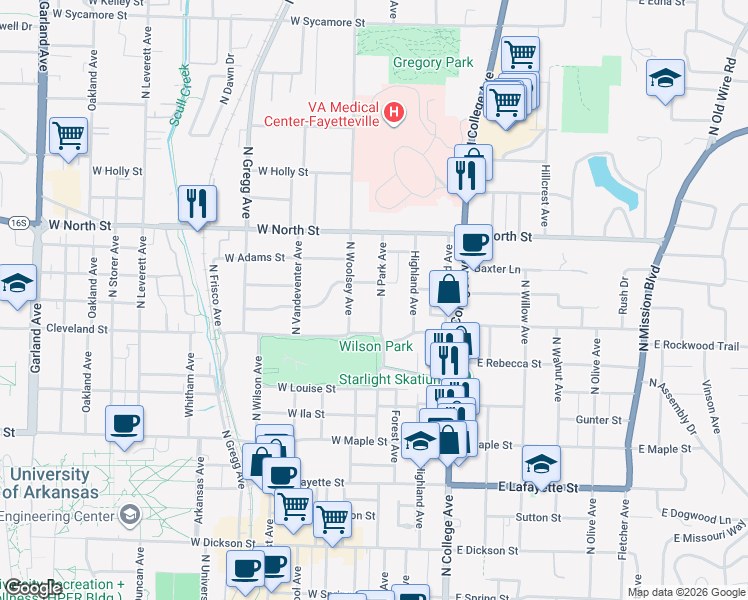 map of restaurants, bars, coffee shops, grocery stores, and more near 825 North Park Avenue in Fayetteville