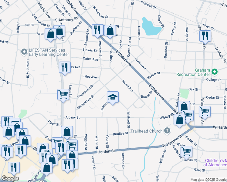 map of restaurants, bars, coffee shops, grocery stores, and more near 1720 Whitsett Street in Burlington