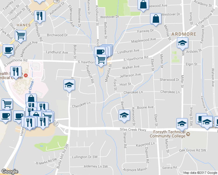 map of restaurants, bars, coffee shops, grocery stores, and more near 1205 Magnolia Street in Winston-Salem