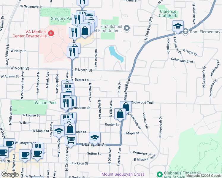 map of restaurants, bars, coffee shops, grocery stores, and more near 498 Fritz Court in Fayetteville