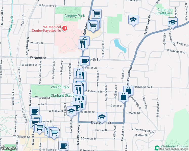 map of restaurants, bars, coffee shops, grocery stores, and more near 235 East Cleburn Street in Fayetteville