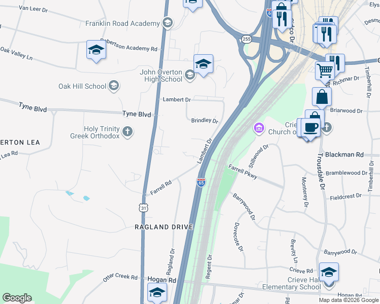 map of restaurants, bars, coffee shops, grocery stores, and more near 710 Farrell Road in Nashville