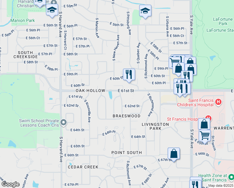 map of restaurants, bars, coffee shops, grocery stores, and more near 6106 South Oswego Avenue in Tulsa