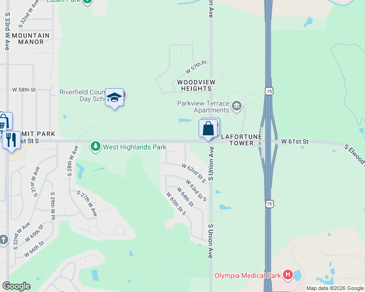 map of restaurants, bars, coffee shops, grocery stores, and more near 6101 South Waco Avenue in Tulsa