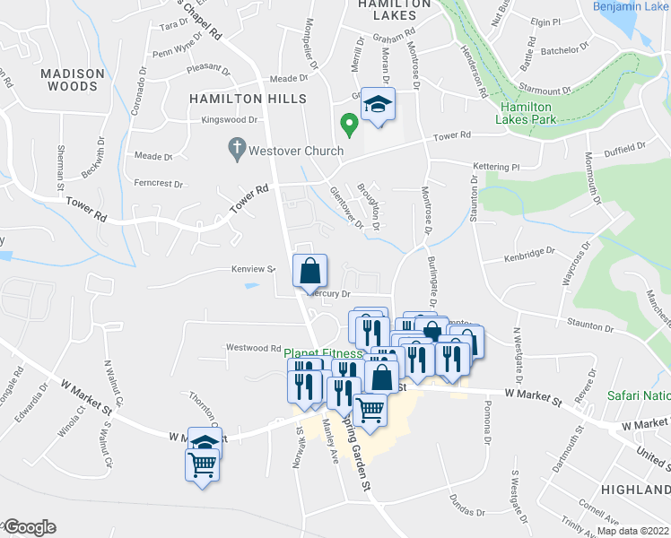 map of restaurants, bars, coffee shops, grocery stores, and more near 303 Edwards Road in Greensboro