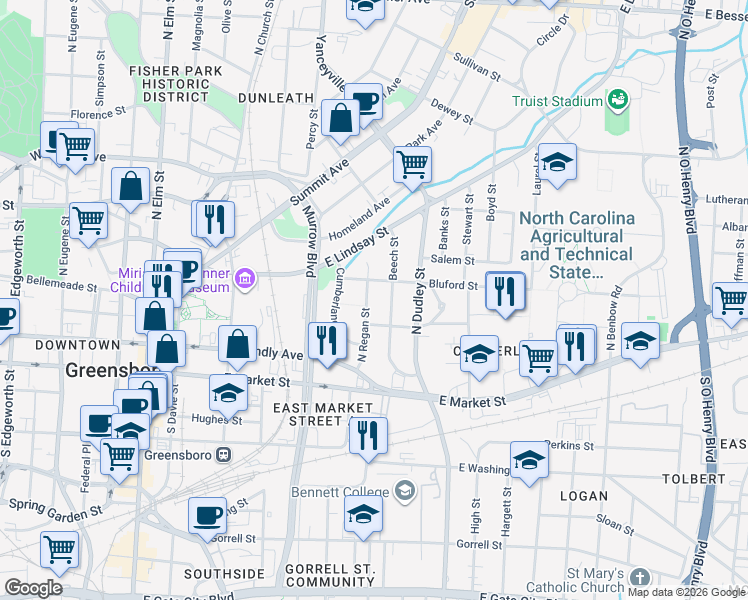 map of restaurants, bars, coffee shops, grocery stores, and more near 308 N Regan St in Greensboro