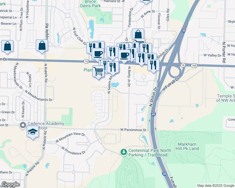 map of restaurants, bars, coffee shops, grocery stores, and more near 3314 West Jewell Road in Fayetteville