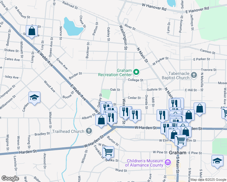 map of restaurants, bars, coffee shops, grocery stores, and more near 502 Oak Street in Graham