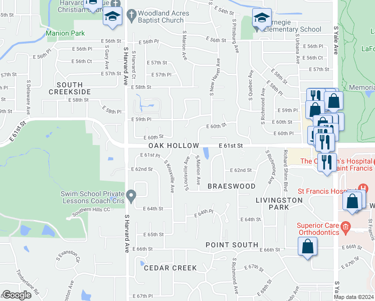 map of restaurants, bars, coffee shops, grocery stores, and more near 6124 East 82nd Place in Tulsa