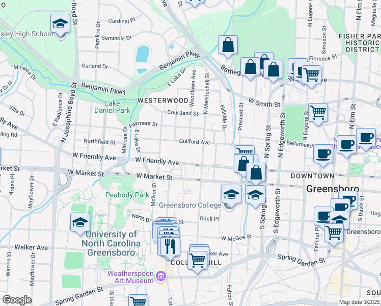map of restaurants, bars, coffee shops, grocery stores, and more near 1000 West Friendly Avenue in Greensboro
