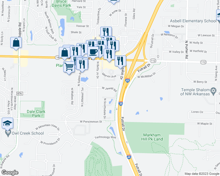map of restaurants, bars, coffee shops, grocery stores, and more near 3127 West Jewell Road in Fayetteville