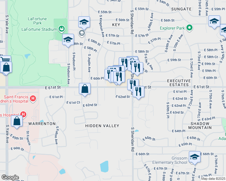 map of restaurants, bars, coffee shops, grocery stores, and more near 6134 East 61st Street in Tulsa