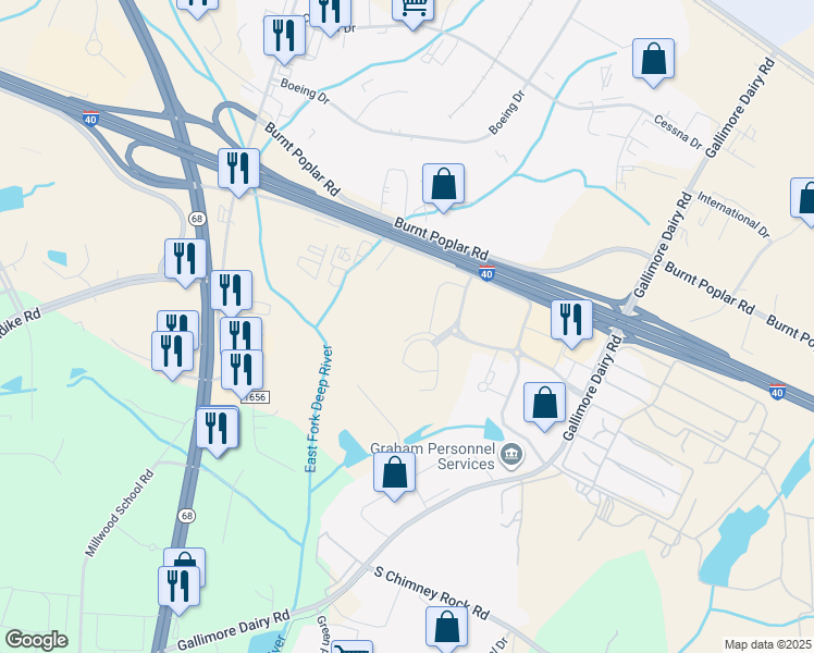 map of restaurants, bars, coffee shops, grocery stores, and more near 7027 Albert Pick Road in Greensboro
