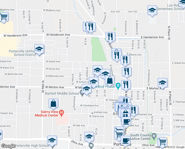 map of restaurants, bars, coffee shops, grocery stores, and more near 242 West Belleview Avenue in Porterville