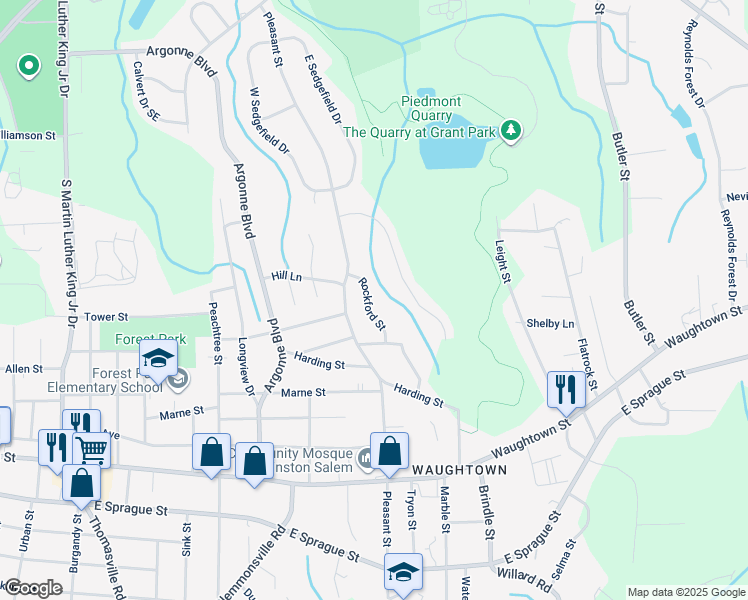 map of restaurants, bars, coffee shops, grocery stores, and more near 1509 Donald Street in Winston-Salem