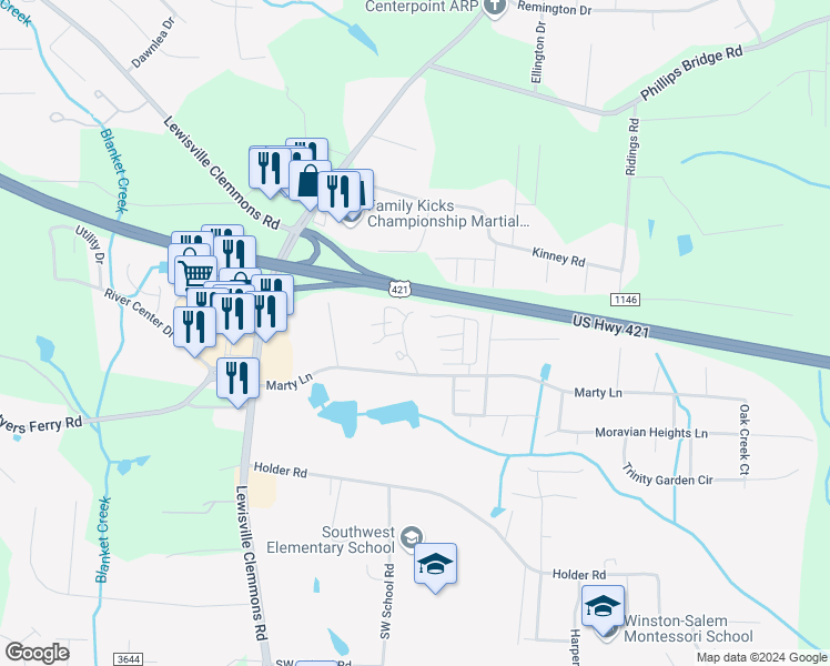 map of restaurants, bars, coffee shops, grocery stores, and more near 1437 King Charles Drive in Clemmons