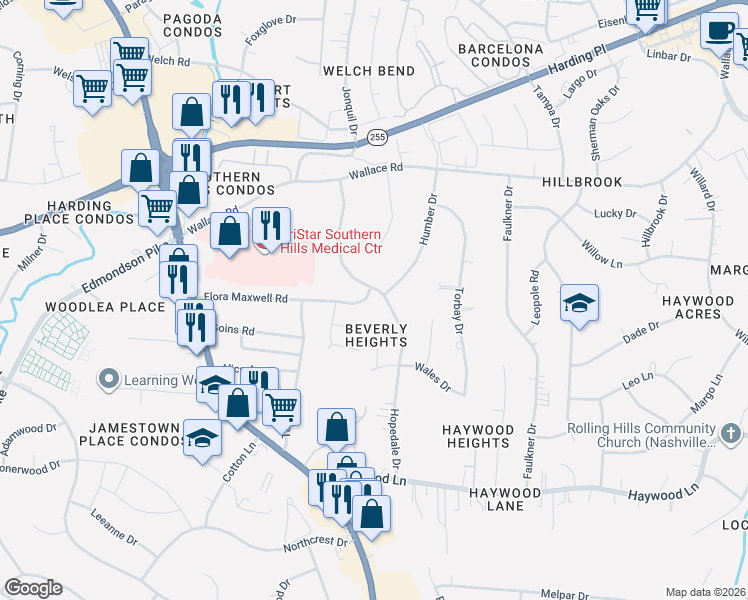 map of restaurants, bars, coffee shops, grocery stores, and more near 4900 Hopedale Drive in Nashville