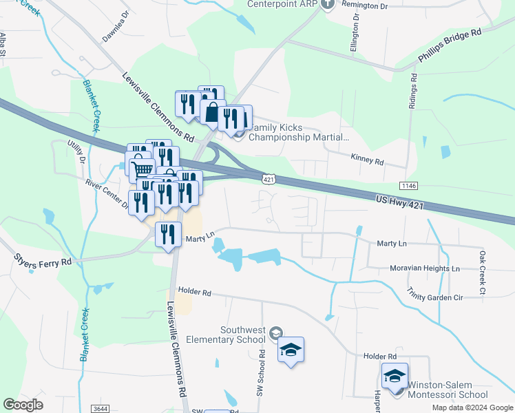 map of restaurants, bars, coffee shops, grocery stores, and more near 601 Sir Knight Court in Clemmons