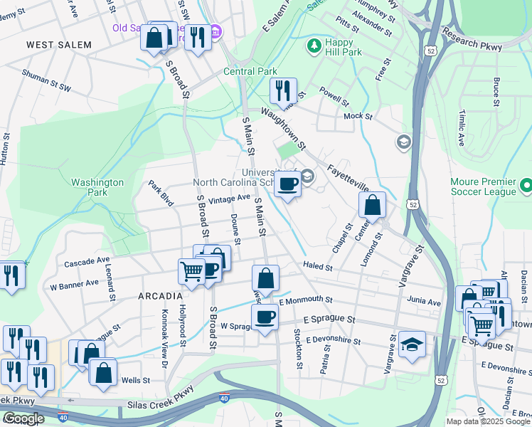 map of restaurants, bars, coffee shops, grocery stores, and more near 1801 Sunnyside Avenue in Winston-Salem