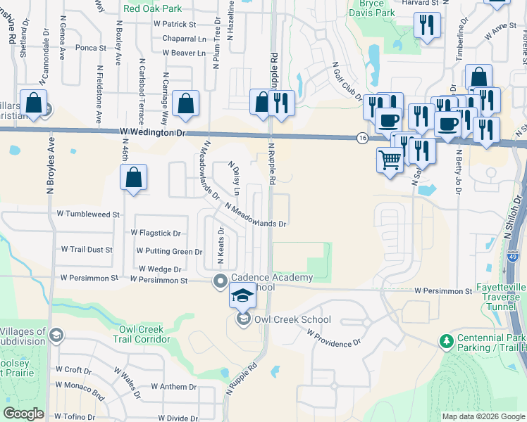 map of restaurants, bars, coffee shops, grocery stores, and more near 697 Alley 4040 in Fayetteville