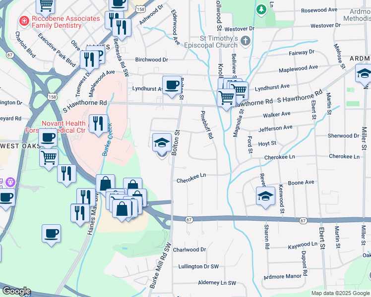 map of restaurants, bars, coffee shops, grocery stores, and more near 1224 Wedgewood Drive in Winston-Salem