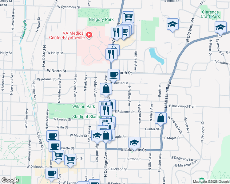 map of restaurants, bars, coffee shops, grocery stores, and more near 123 East Cleburn Street in Fayetteville