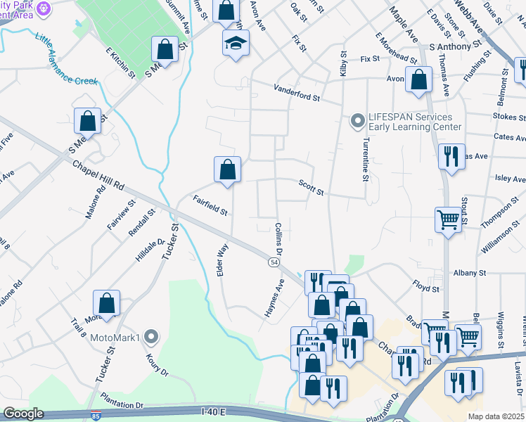 map of restaurants, bars, coffee shops, grocery stores, and more near 1326 Greenbriar Street in Burlington