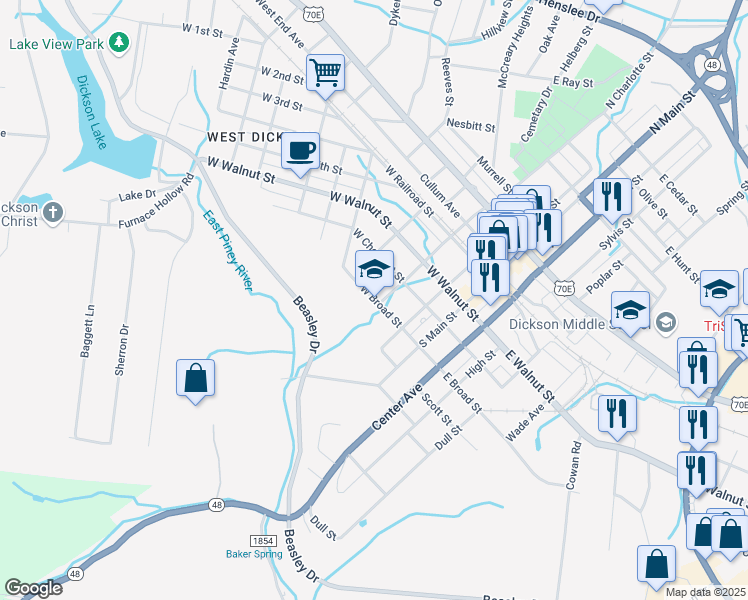 map of restaurants, bars, coffee shops, grocery stores, and more near 120 West Broad Street in Dickson