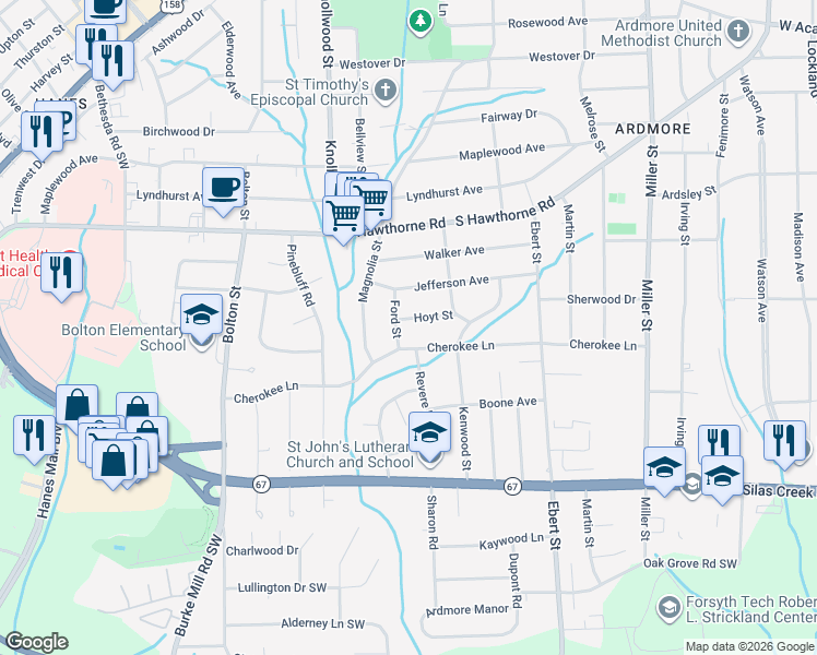 map of restaurants, bars, coffee shops, grocery stores, and more near 2444 Hoyt Street in Winston-Salem