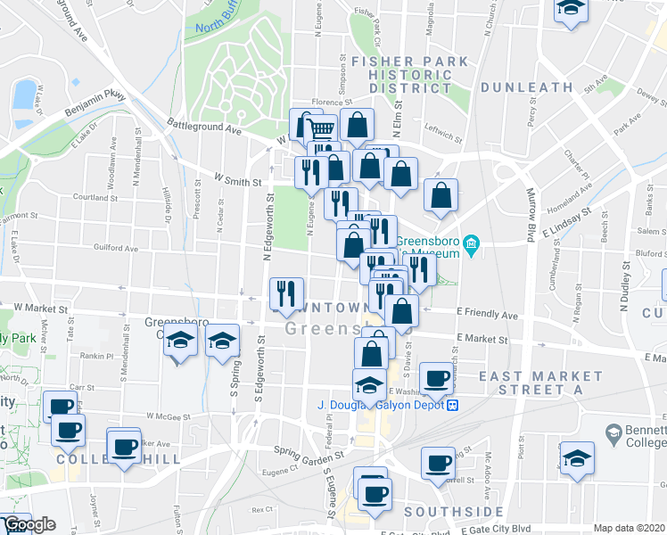 map of restaurants, bars, coffee shops, grocery stores, and more near 233 Commerce Place in Greensboro