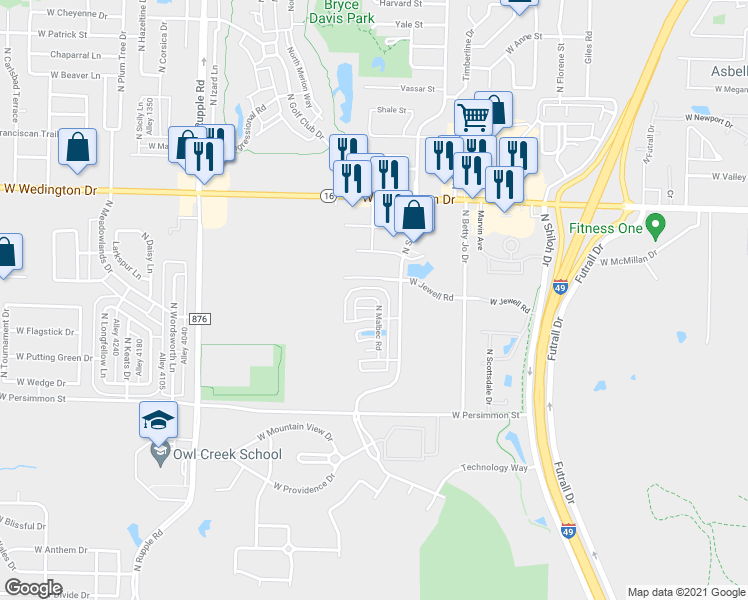 map of restaurants, bars, coffee shops, grocery stores, and more near 740 North Malbec Road in Fayetteville