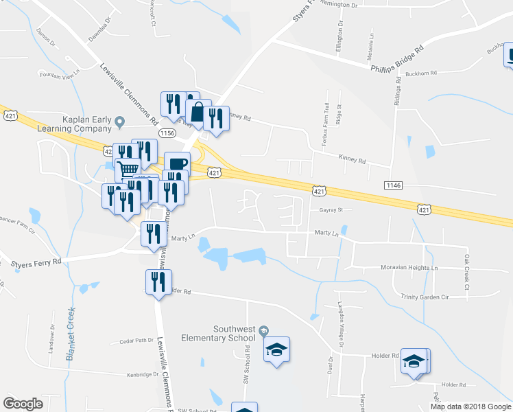 map of restaurants, bars, coffee shops, grocery stores, and more near 1449 King Charles Drive in Clemmons