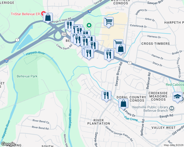 map of restaurants, bars, coffee shops, grocery stores, and more near 505 Plantation Court in Nashville