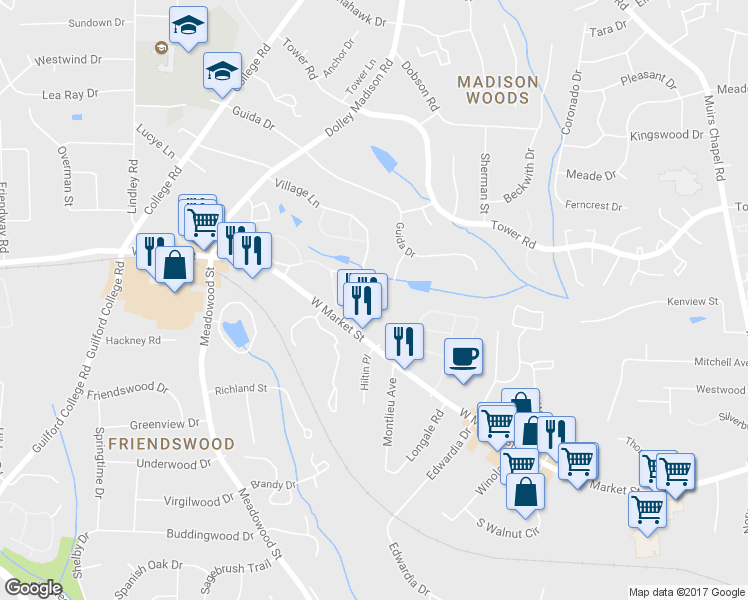 map of restaurants, bars, coffee shops, grocery stores, and more near 106 Village Lane in Greensboro