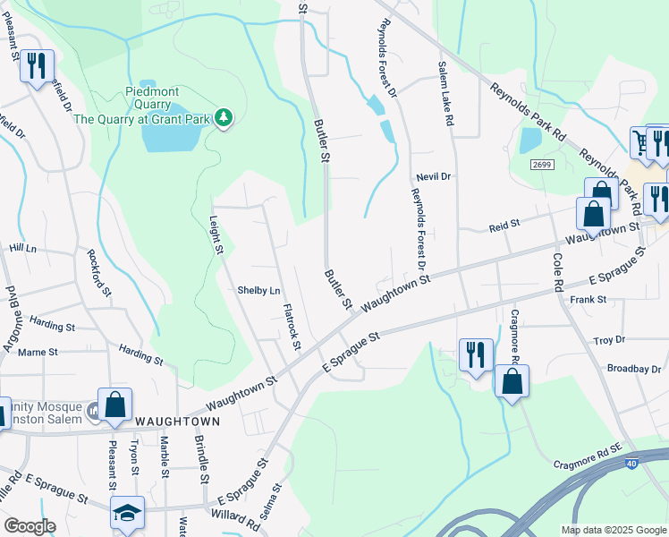map of restaurants, bars, coffee shops, grocery stores, and more near 1913 Butler Street in Winston-Salem