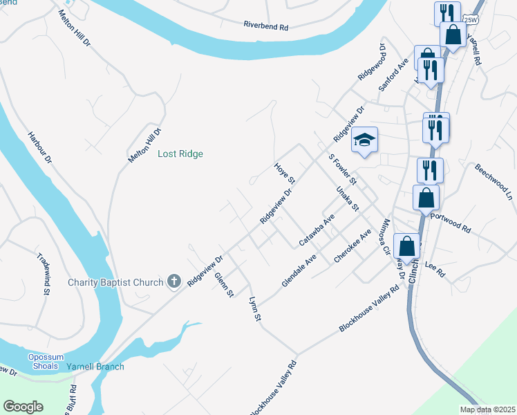 map of restaurants, bars, coffee shops, grocery stores, and more near 608 Ridgeview Drive in Clinton