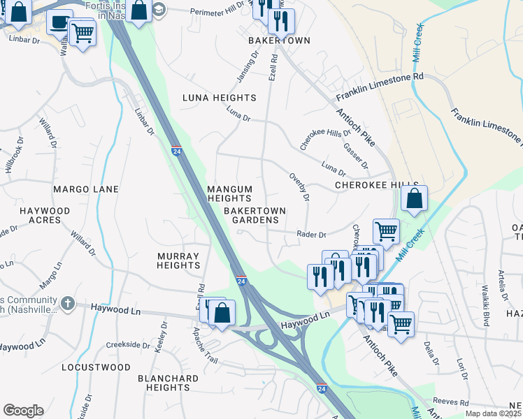 map of restaurants, bars, coffee shops, grocery stores, and more near 212 Bakertown Road in Nashville