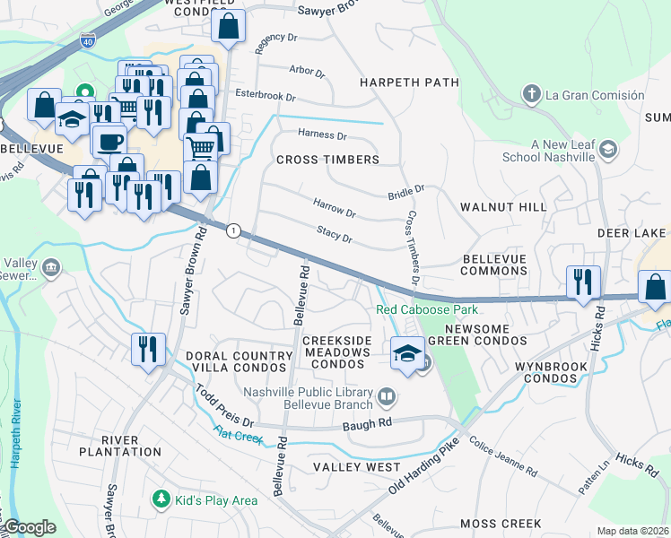 map of restaurants, bars, coffee shops, grocery stores, and more near Highway 70 South in Nashville